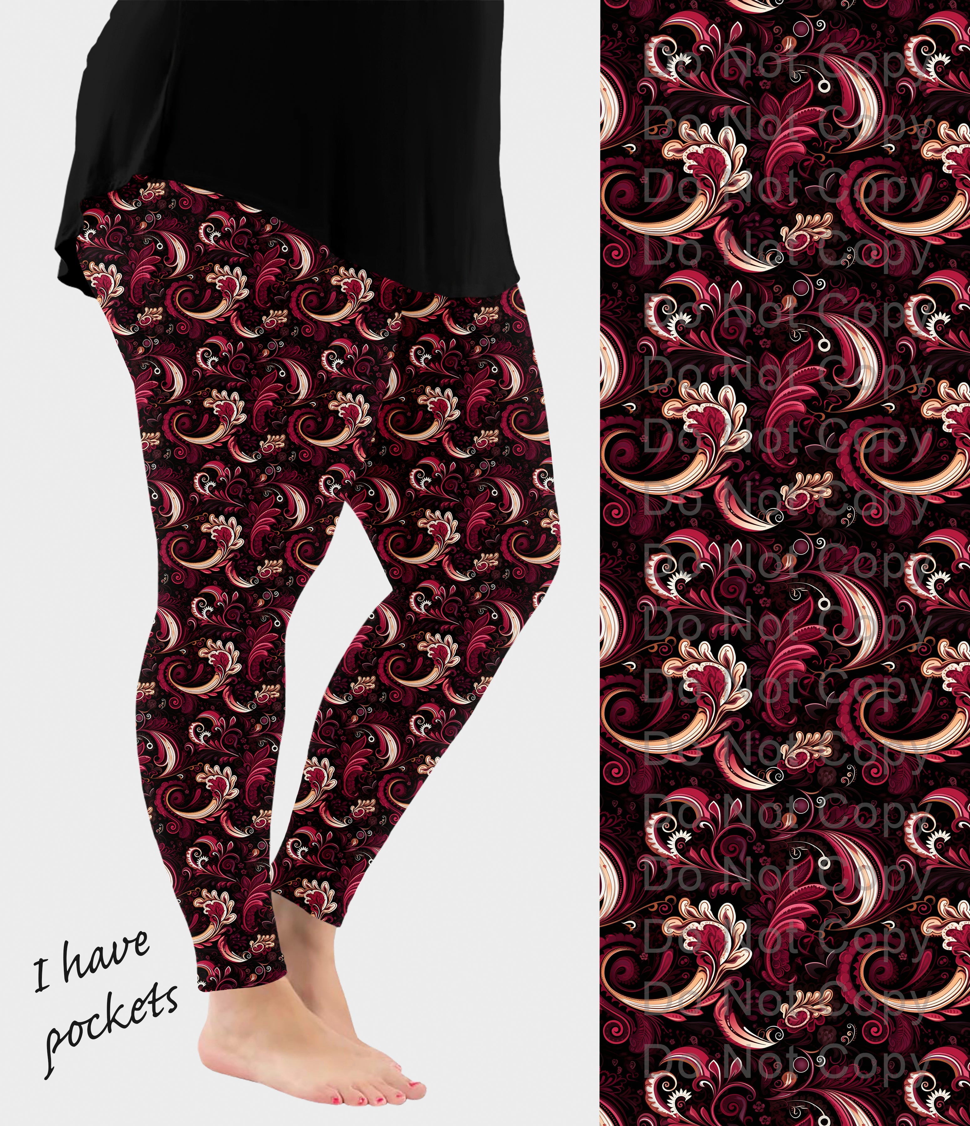 RTS - Burgundy Paisley Leggings w/ Pockets