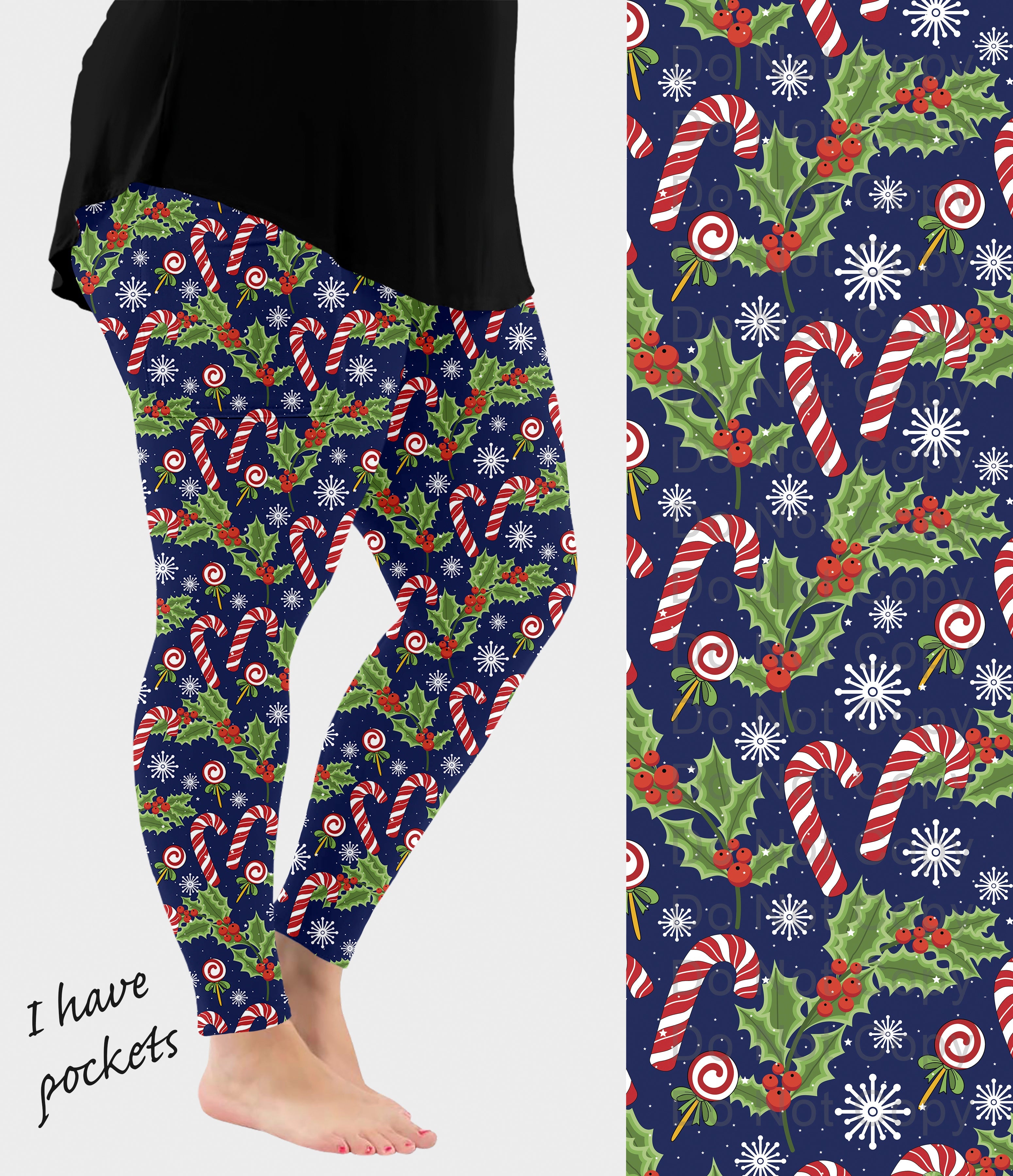 RTS - Candy Cane Mistletoe Leggings w/ Pockets