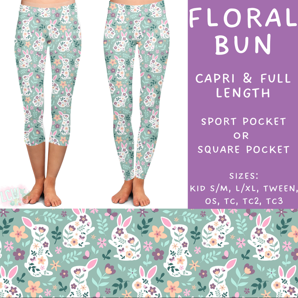 Ready To Ship - Floral Bun Full Length Leggings - Sports Pocket OS