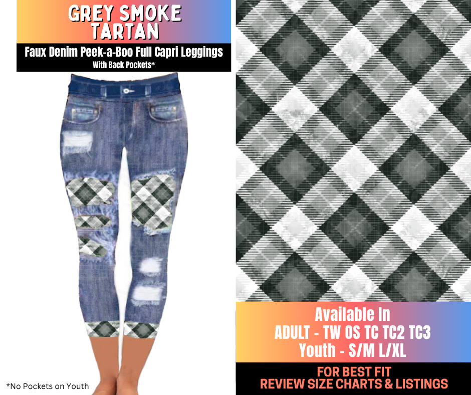 Preorder! Closes 10/16. ETA Jan. Grey Smoke Tartan Capri Faux Denim Peekaboo