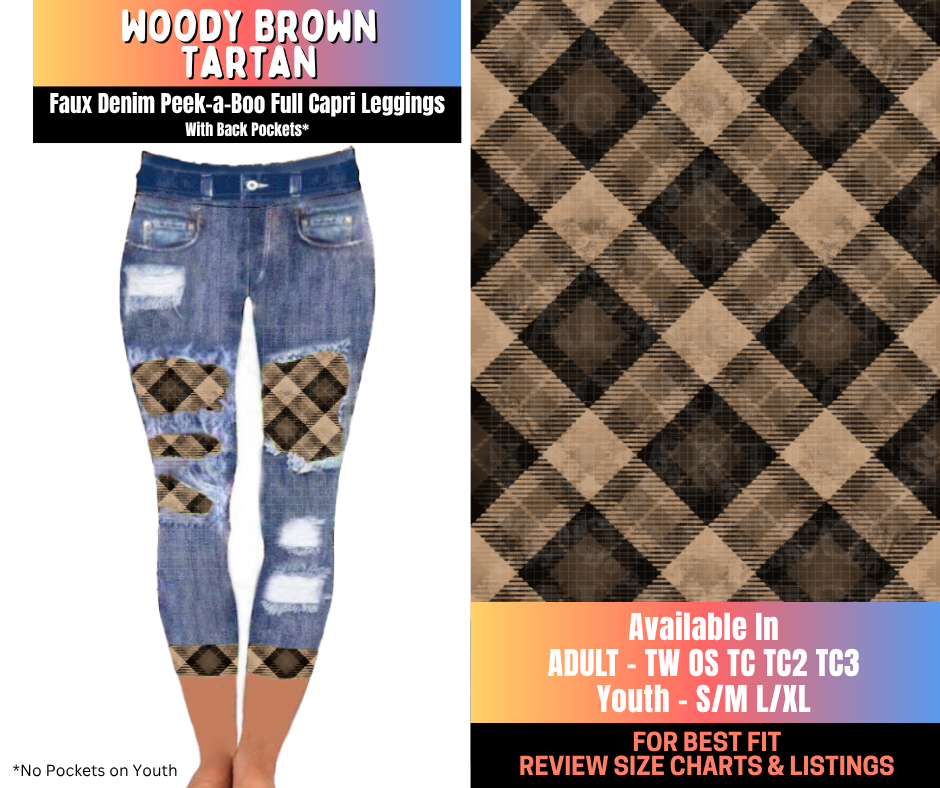 Preorder! Closes 10/16. ETA Jan. Woody Brown Tartan Capri Faux Denim Peekaboo