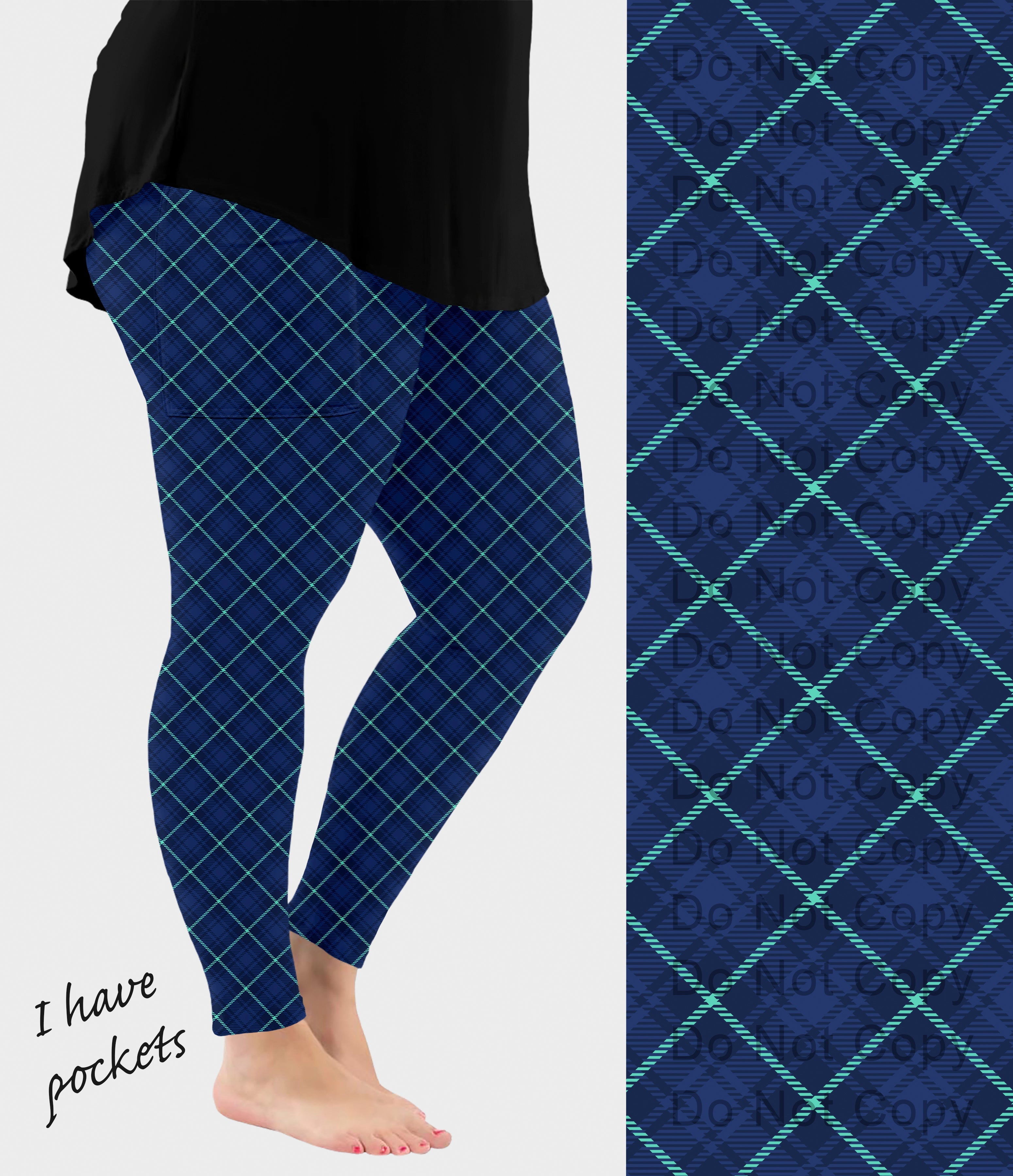 RTS - Blue Diagonal Plaid Leggings w/ Pockets