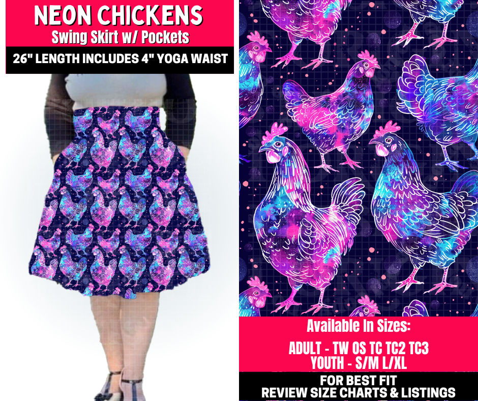 Preorder! Closes 10/23. ETA Jan. Neon Chickens Swing Skirt