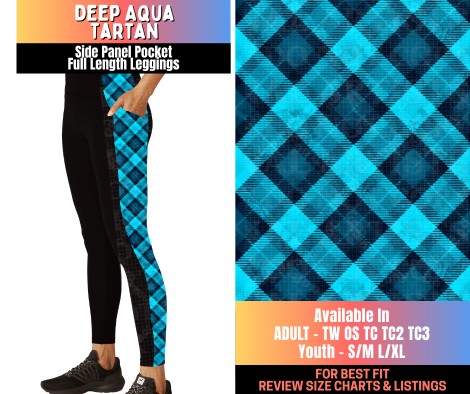 Preorder! Closes 10/16. ETA Jan. Deep Aqua Tartan Side Panel Pocket Full Length Leggings