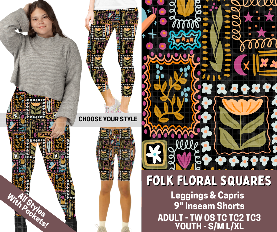 Preorder! Closes 3/5. ETA June. Folk Floral Squares Combo Legging Lengths