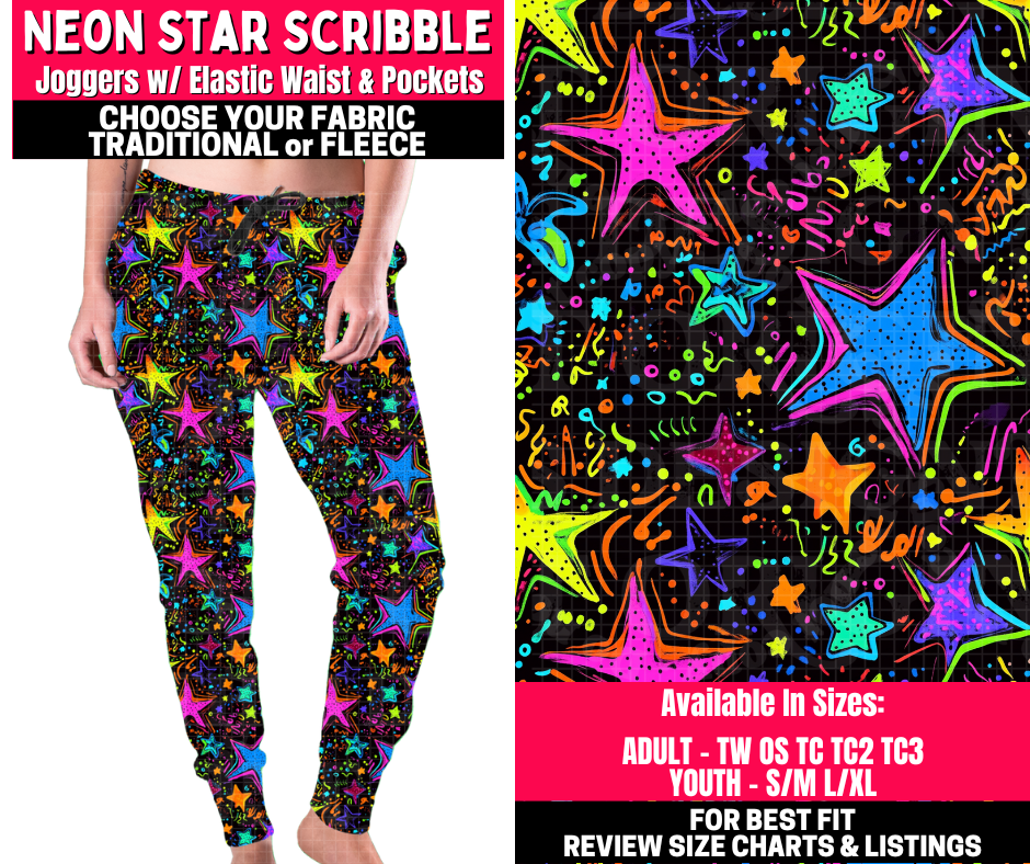 Preorder! Closes 10/23. ETA Jan. Neon Star Scribble Joggers Choose Fleece or Traditional